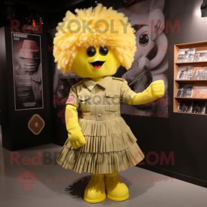 Yellow Soldier mascot costume character dressed with a Pleated Skirt and Hair clips