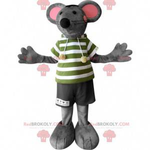 Mascotte de souris grise et rose avec de grandes oreilles -