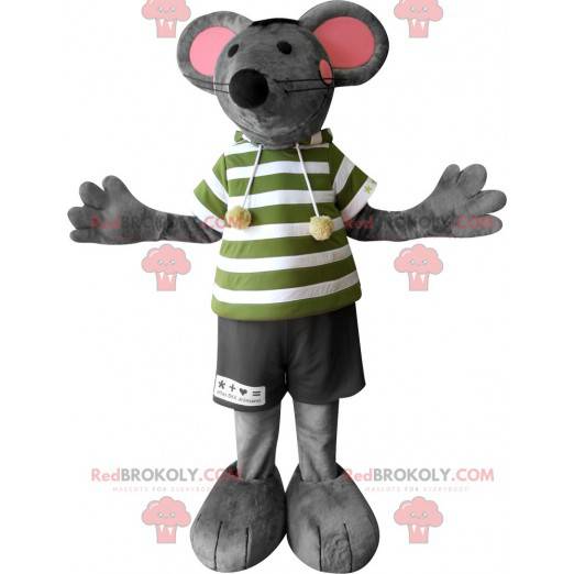 Graues und rosa Mausmaskottchen mit großen Ohren -
