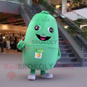 Peach Green Bean mascot costume character dressed with a Flare Jeans and Digital watches