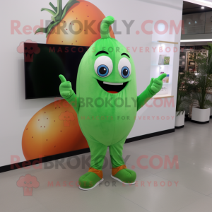 Peach Green Bean mascot costume character dressed with a Flare Jeans and Digital watches