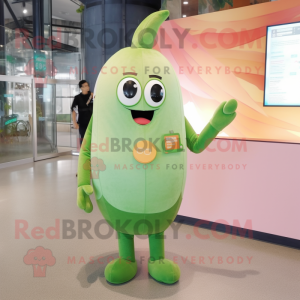 Peach Green Bean mascot costume character dressed with a Flare Jeans and Digital watches