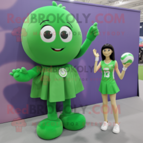 Green Volleyball Ball mascot costume character dressed with a Shift Dress and Smartwatches