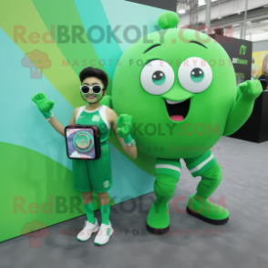 Green Volleyball Ball mascot costume character dressed with a Shift Dress and Smartwatches