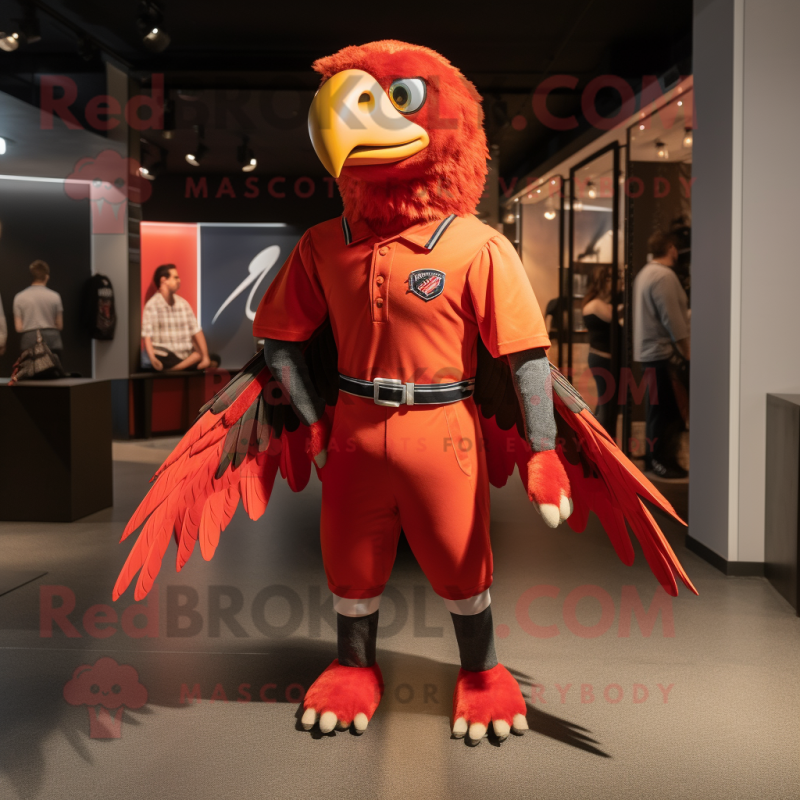 Red Eagle mascot costume character dressed with a Skinny Jeans and Tie pins Red Eagle mascot costume character dressed with a Skinny Jeans and Tie pins