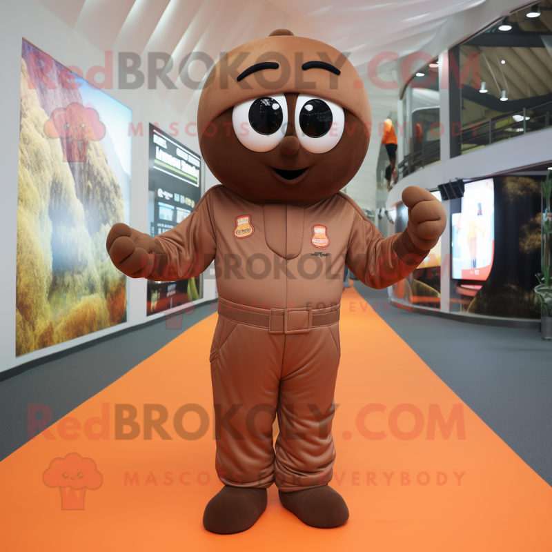 Brown Apricot mascot costume character dressed with a Jumpsuit and Belts Brown Apricot mascot costume character dressed with a Jumpsuit and Belts