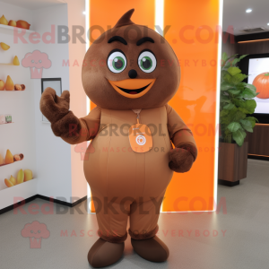 Brown Apricot mascot costume character dressed with a Jumpsuit and Belts