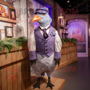 Lavender Pigeon mascot costume character dressed with a Waistcoat and Suspenders