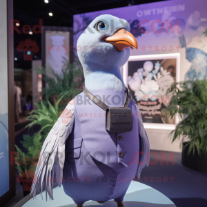 Lavender Pigeon mascot costume character dressed with a Waistcoat and Suspenders