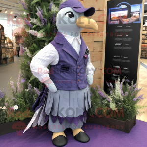 Lavender Pigeon mascot costume character dressed with a Waistcoat and Suspenders