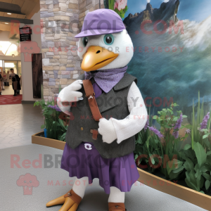 Lavender Pigeon mascot costume character dressed with a Waistcoat and Suspenders