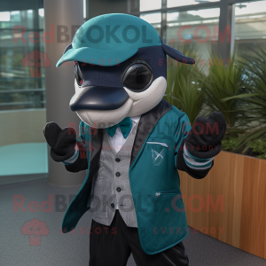 Teal Killer Whale mascot costume character dressed with a Suit Jacket and Beanies