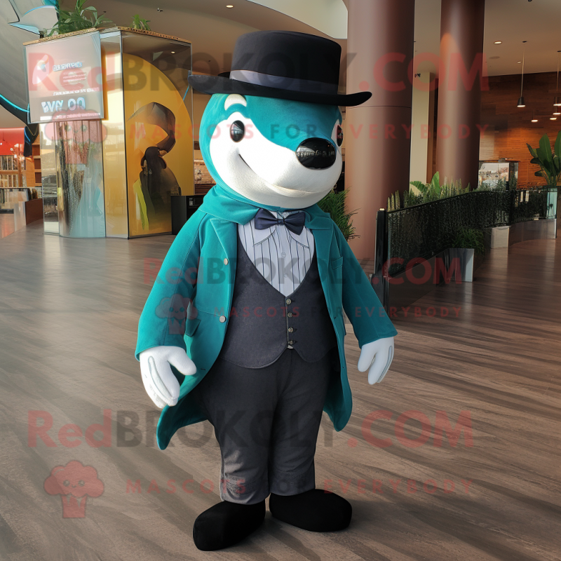 Teal Killer Whale mascot costume character dressed with a Suit Jacket and Beanies