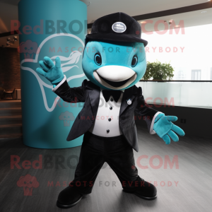 Teal Killer Whale mascot costume character dressed with a Suit Jacket and Beanies