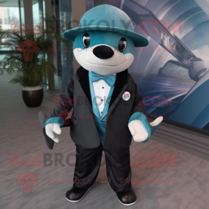 Teal Killer Whale mascot costume character dressed with a Suit Jacket and Beanies