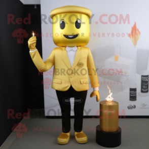 Gold Scented Candle mascot costume character dressed with a Suit Pants and Messenger bags