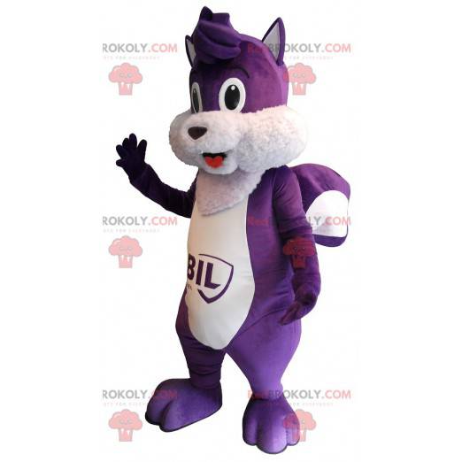 Mascotte scoiattolo viola e bianco carino e paffuto -