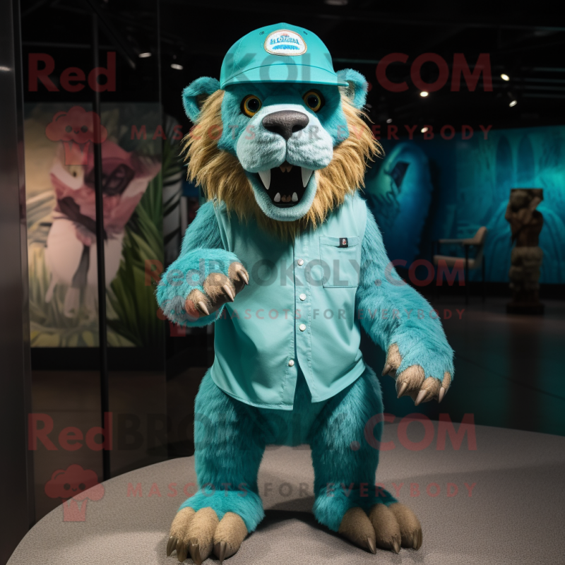 Teal Smilodon mascot costume character dressed with a Bermuda Shorts and Hat pins