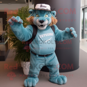 Teal Smilodon mascot costume character dressed with a Bermuda Shorts and Hat pins