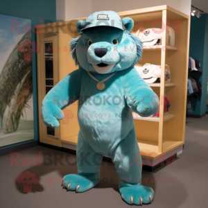 Teal Smilodon mascot costume character dressed with a Bermuda Shorts and Hat pins