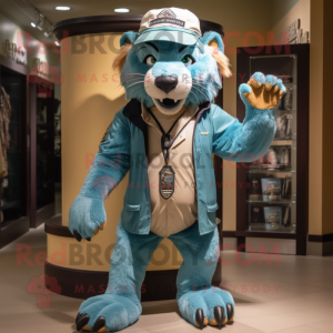 Teal Smilodon mascot costume character dressed with a Bermuda Shorts and Hat pins