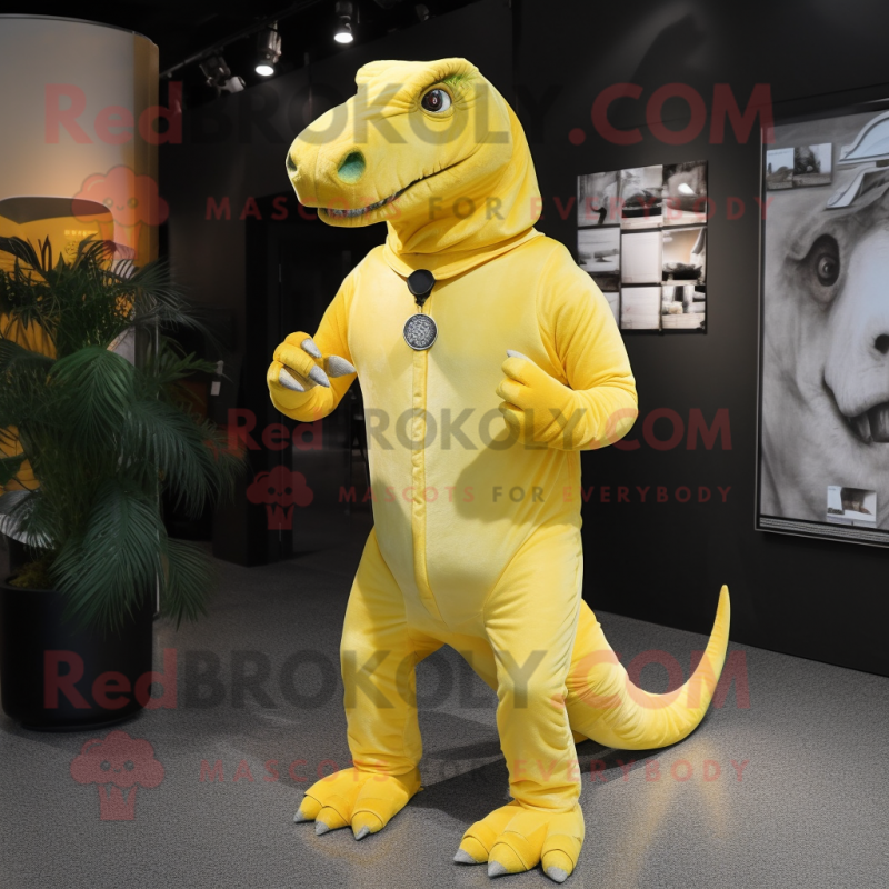Lemon Yellow Iguanodon mascot costume character dressed with a Rash Guard and Tie pins Lemon Yellow Iguanodon mascot costume character dressed with a Rash Guard and Tie pins
