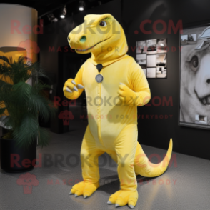 Lemon Yellow Iguanodon mascot costume character dressed with a Rash Guard and Tie pins