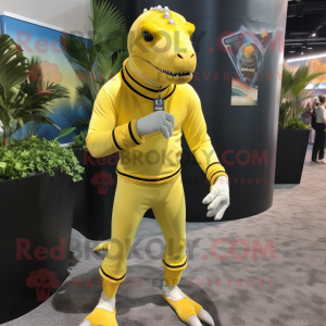 Lemon Yellow Iguanodon mascot costume character dressed with a Rash Guard and Tie pins