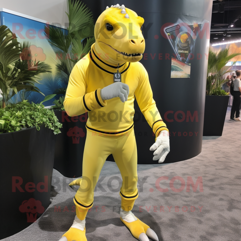 Lemon Yellow Iguanodon mascot costume character dressed with a Rash Guard and Tie pins Lemon Yellow Iguanodon mascot costume character dressed with a Rash Guard and Tie pins