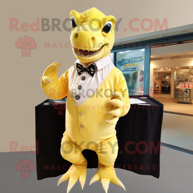 Lemon Yellow Iguanodon mascot costume character dressed with a Rash Guard and Tie pins
