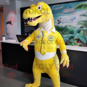 Lemon Yellow Iguanodon mascot costume character dressed with a Rash Guard and Tie pins