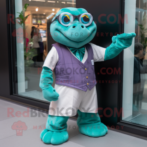 Teal Turtle mascot costume character dressed with a Waistcoat and Smartwatches