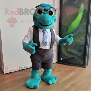 Teal Turtle mascot costume character dressed with a Waistcoat and Smartwatches