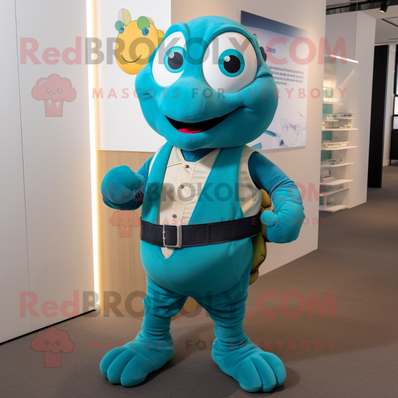 Teal Turtle mascot costume character dressed with a Waistcoat and Smartwatches