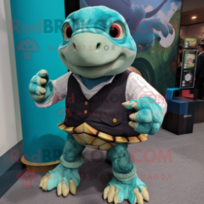 Teal Turtle mascot costume character dressed with a Waistcoat and Smartwatches