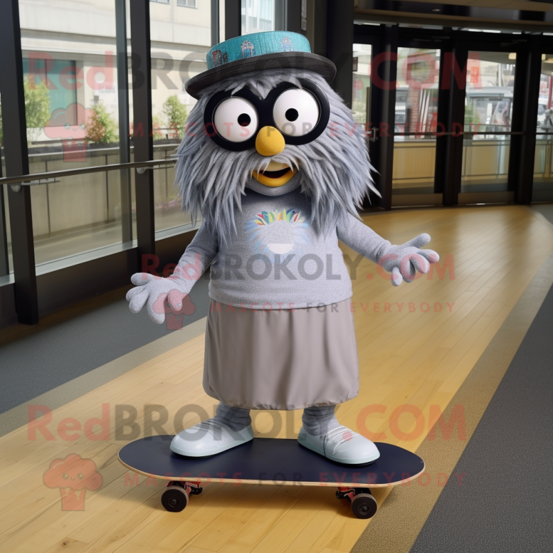 Gray Skateboard mascot costume character dressed with a Maxi Skirt and Eyeglasses