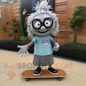 Gray Skateboard mascot costume character dressed with a Maxi Skirt and Eyeglasses