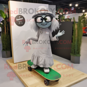 Gray Skateboard mascot costume character dressed with a Maxi Skirt and Eyeglasses