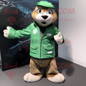Green Otter mascot costume character dressed with a Windbreaker and Caps