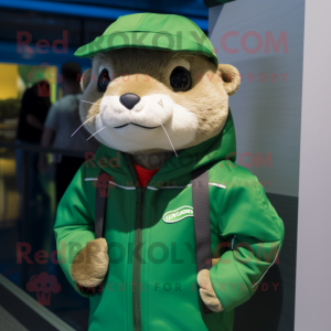 Green Otter mascot costume character dressed with a Windbreaker and Caps