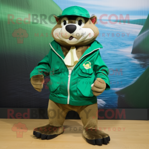 Green Otter mascot costume character dressed with a Windbreaker and Caps