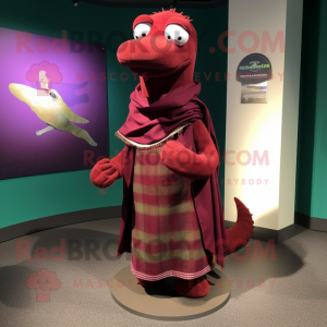 Maroon Loch Ness Monster mascot costume character dressed with a Wrap Skirt and Scarves