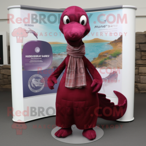 Maroon Loch Ness Monster mascot costume character dressed with a Wrap Skirt and Scarves