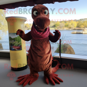 Maroon Loch Ness Monster mascot costume character dressed with a Wrap Skirt and Scarves