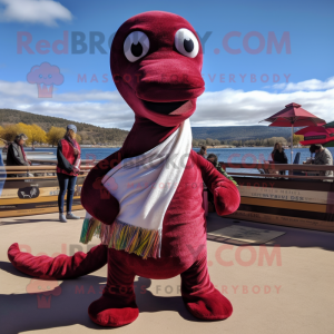 Maroon Loch Ness Monster mascot costume character dressed with a Wrap Skirt and Scarves