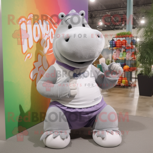 Gray Hippopotamus mascot costume character dressed with a Yoga Pants and Shoe laces