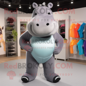 Gray Hippopotamus mascot costume character dressed with a Yoga Pants and Shoe laces