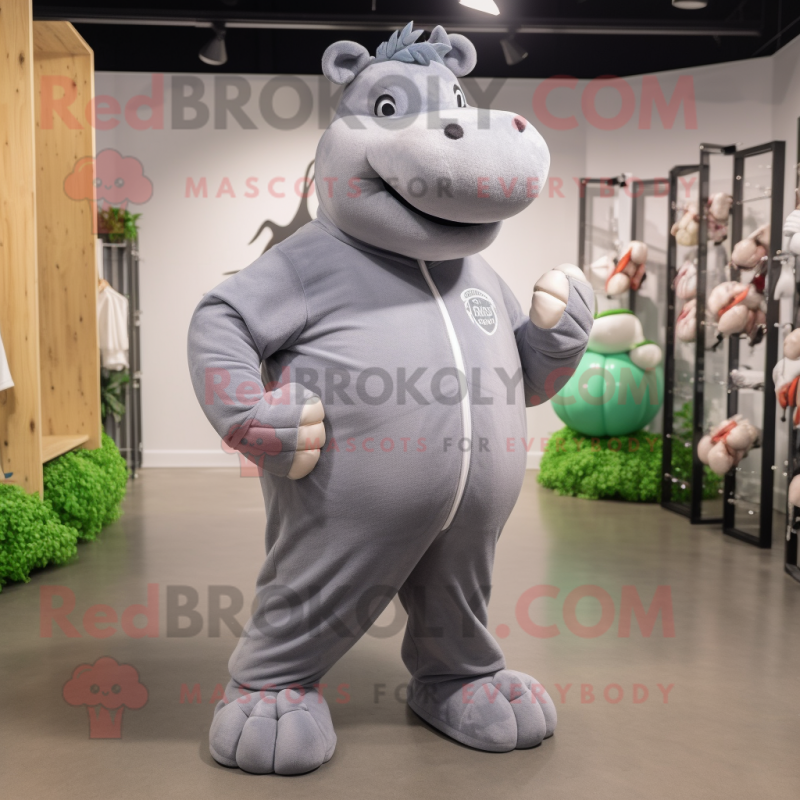 Gray Hippopotamus mascot costume character dressed with a Yoga Pants and Shoe laces Gray Hippopotamus mascot costume character dressed with a Yoga Pants and Shoe laces