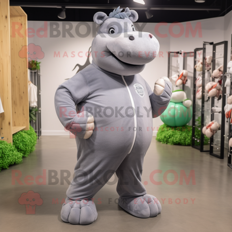 Gray Hippopotamus mascot costume character dressed with a Yoga Pants and Shoe laces