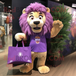 Purple Lion mascot costume character dressed with a Bikini and Tote bags